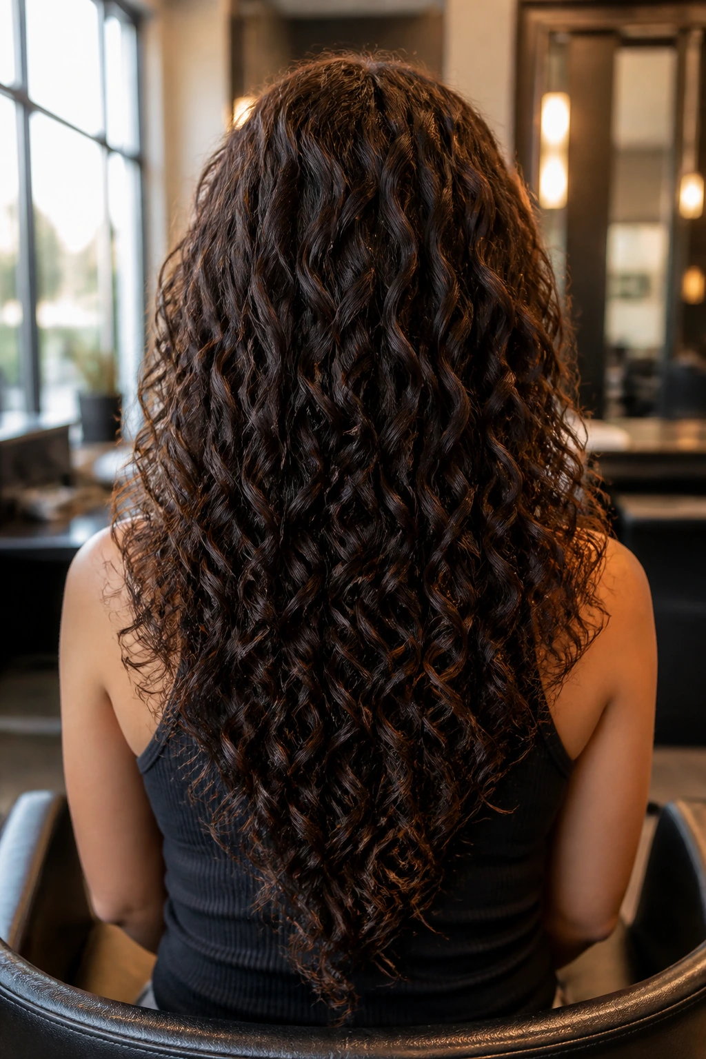 Back view of long, dense curly hair with a V-cut on a real woman in a salon
