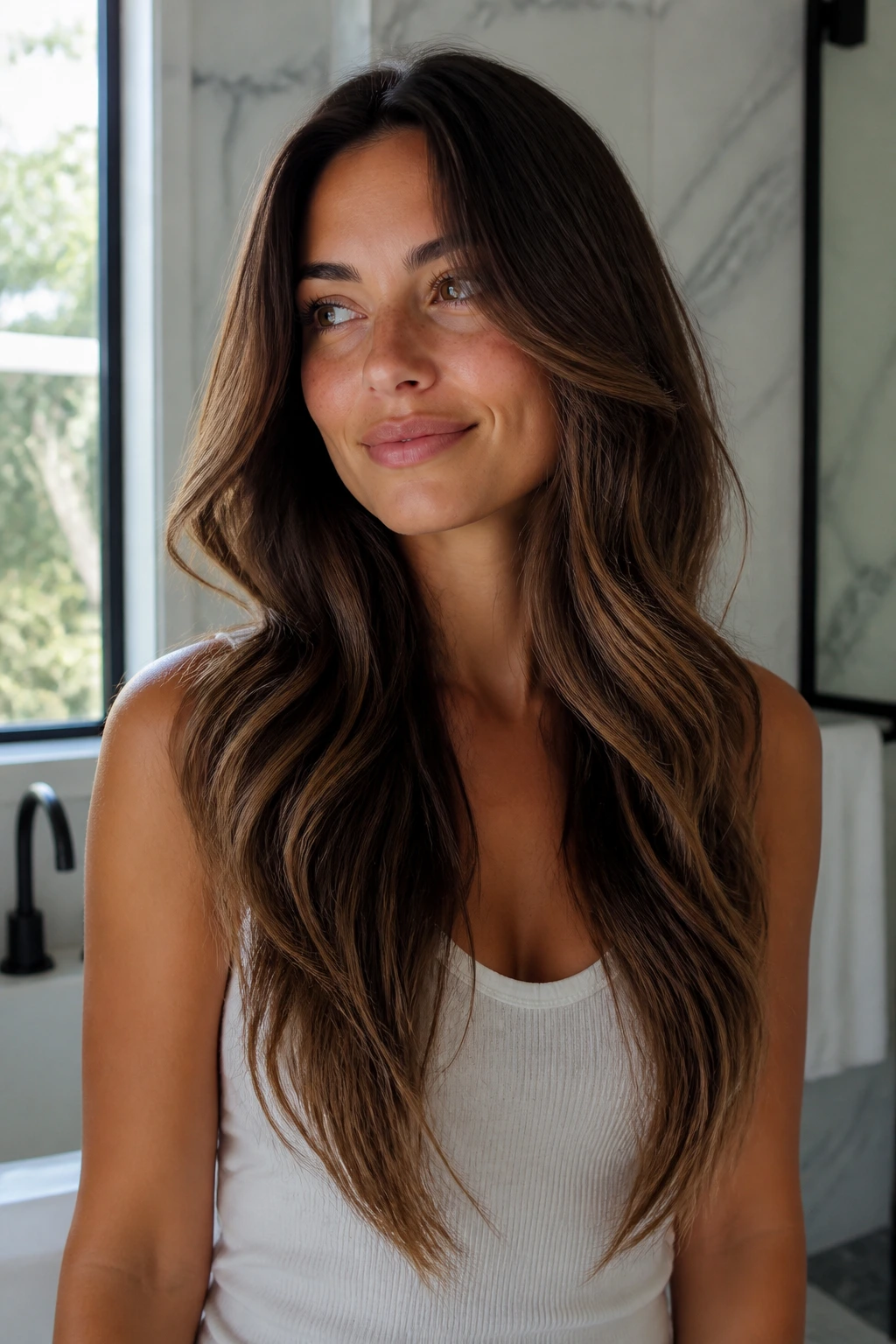 Portrait of a real woman showing a long V-cut hairstyle.