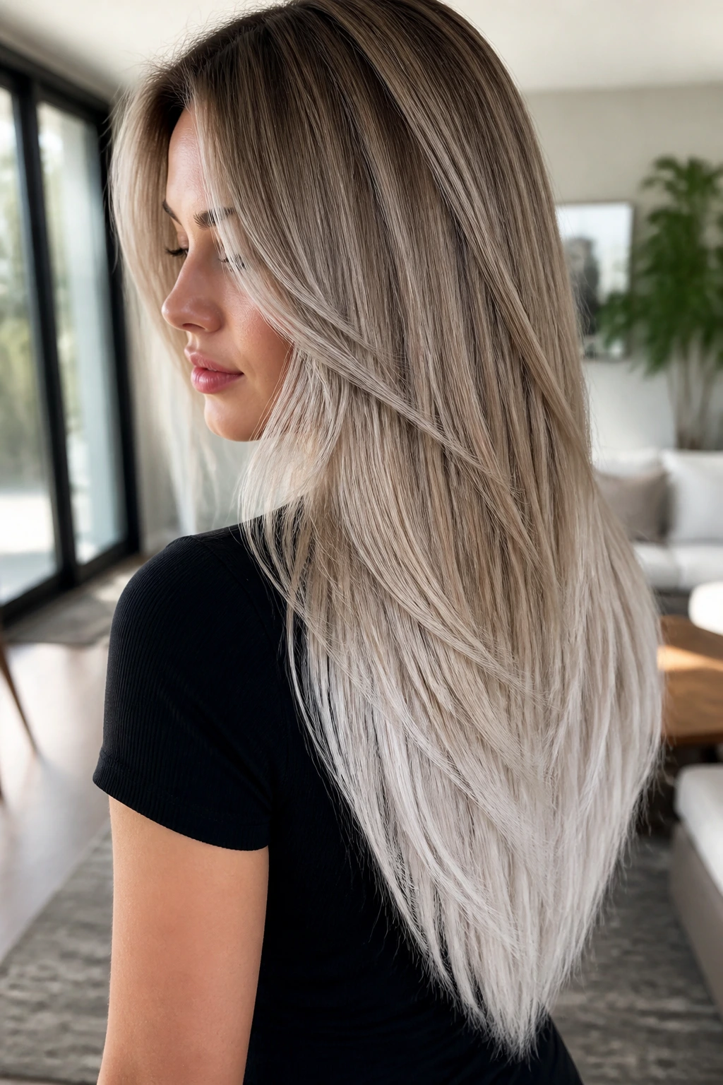 Close-up of a real woman with long V-cut and icy ends in cool-toned hair