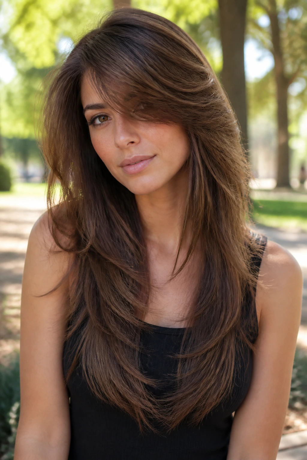 Close-up portrait of a real woman with long V-cut layers and a side-swept sweep outdoors