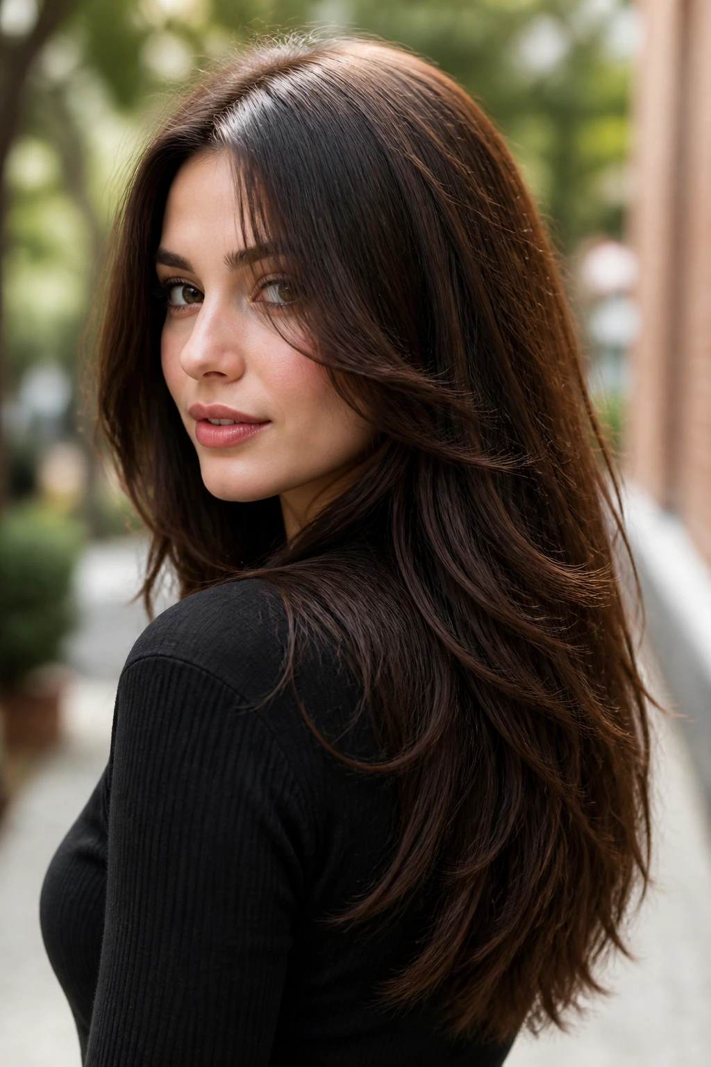 Close-up of a woman with long V-cut hairstyle and cheekbone layers in a three-quarter view