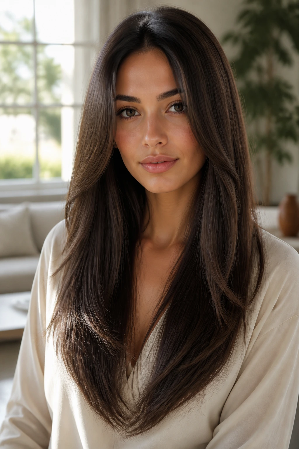 Real woman with long V-cut hairstyle and minimal frizz, photographed in natural window light.