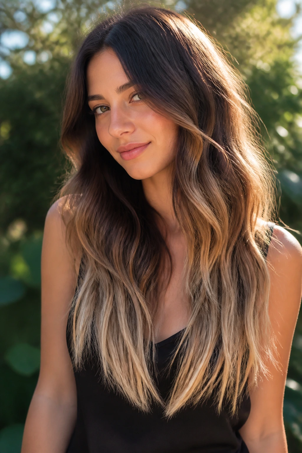 Close-up of long V-cut hairstyle with sunlit ombré ends