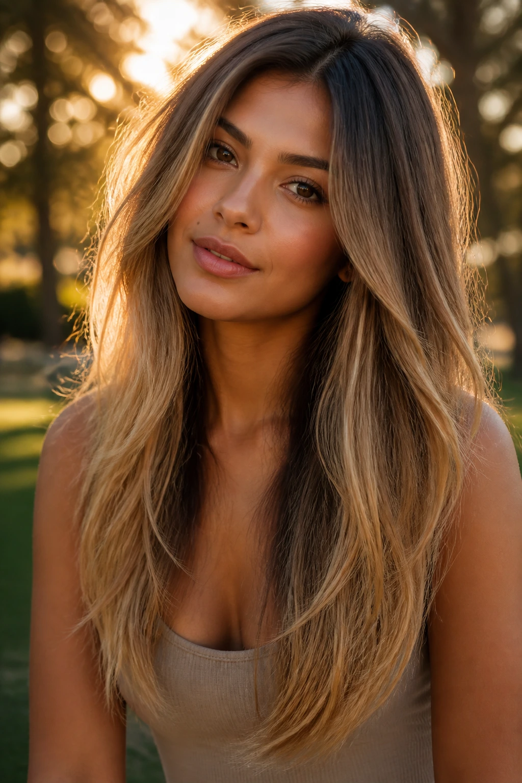 Close-up portrait of a real woman with a long V-cut and warm beige ends on medium skin tone