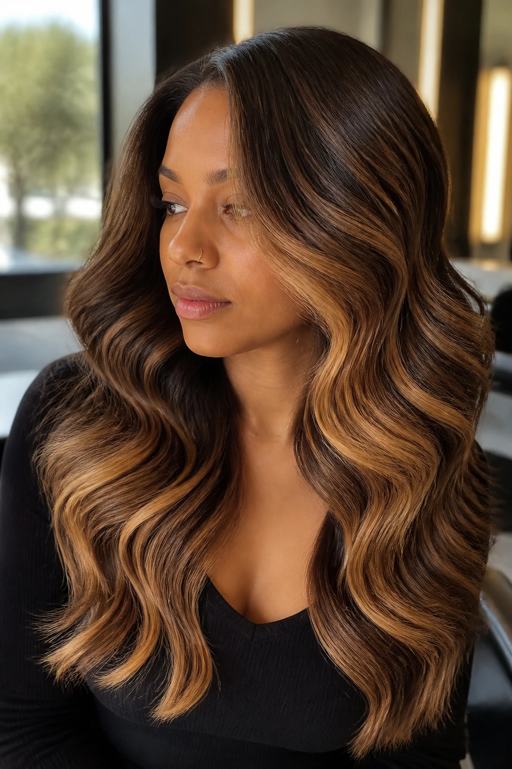 Portrait of a real woman with long waves and caramel ribbons in thick hair