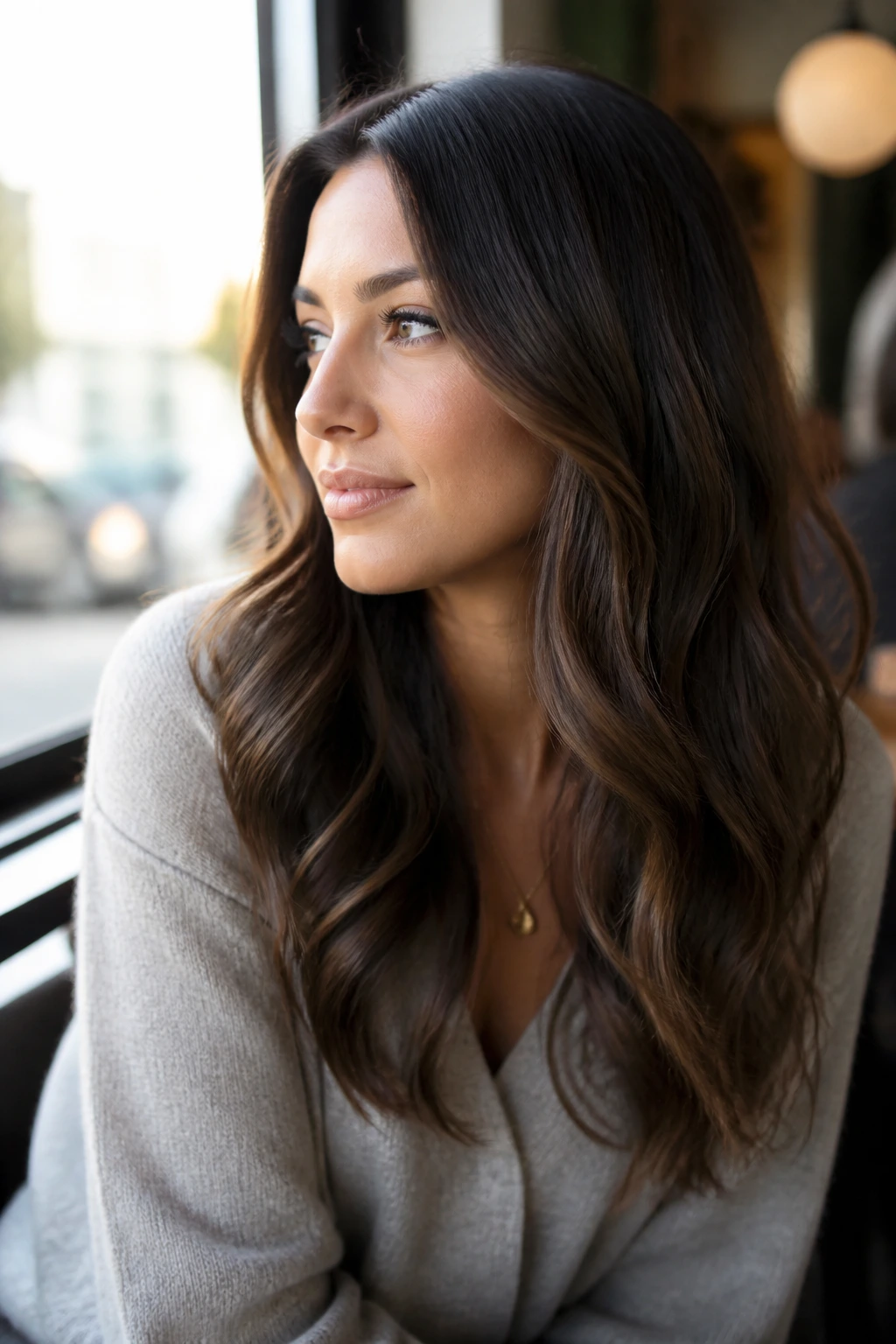 Portrait with long waves starting below the cheekbones