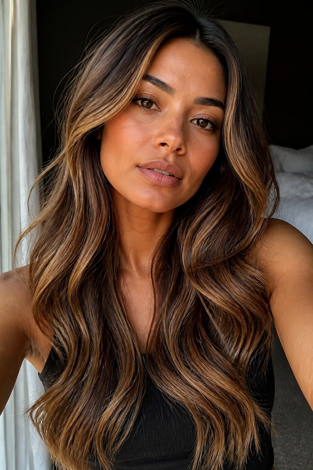 Close-up of a real person with honey mocha highlights on long waves