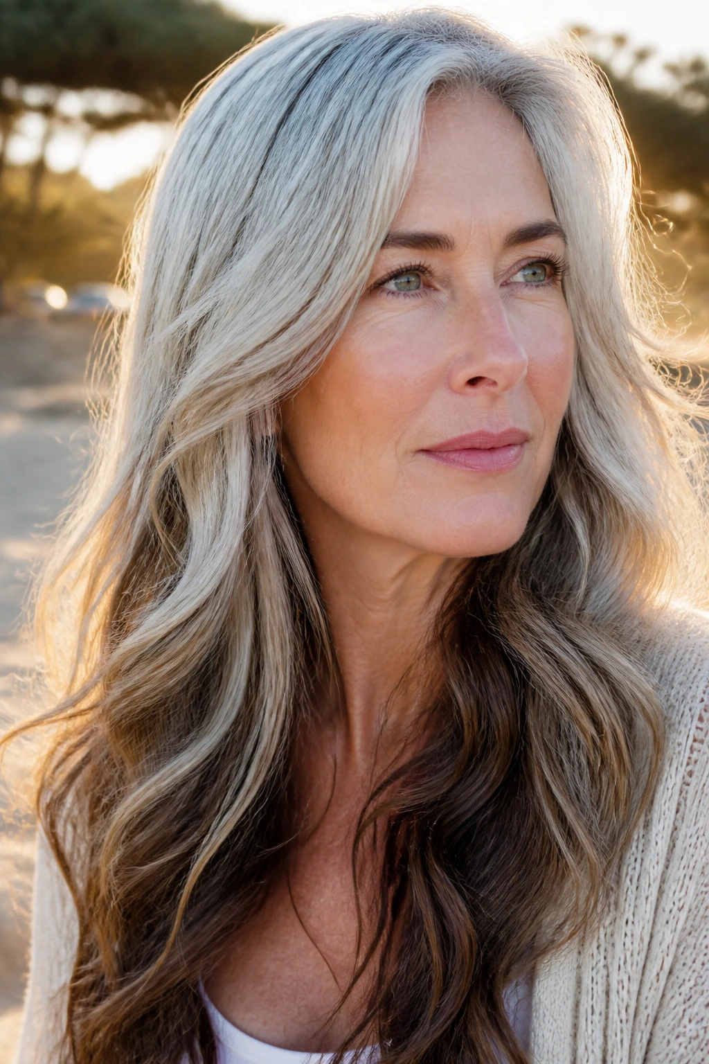 Portrait of long silver waves with smoky mocha lowlights.