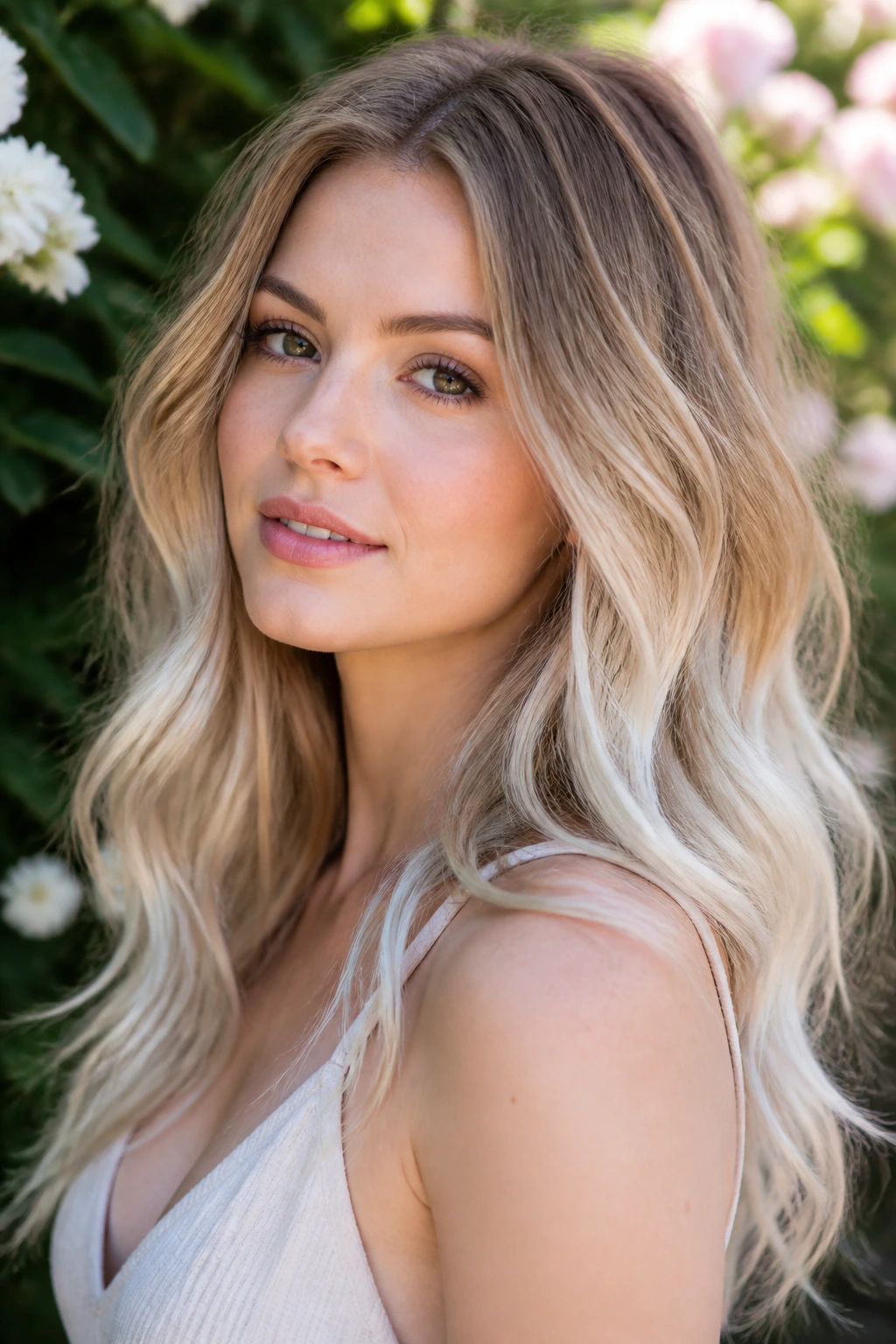 Portrait of a real woman with long soft waves and pearl ends.
