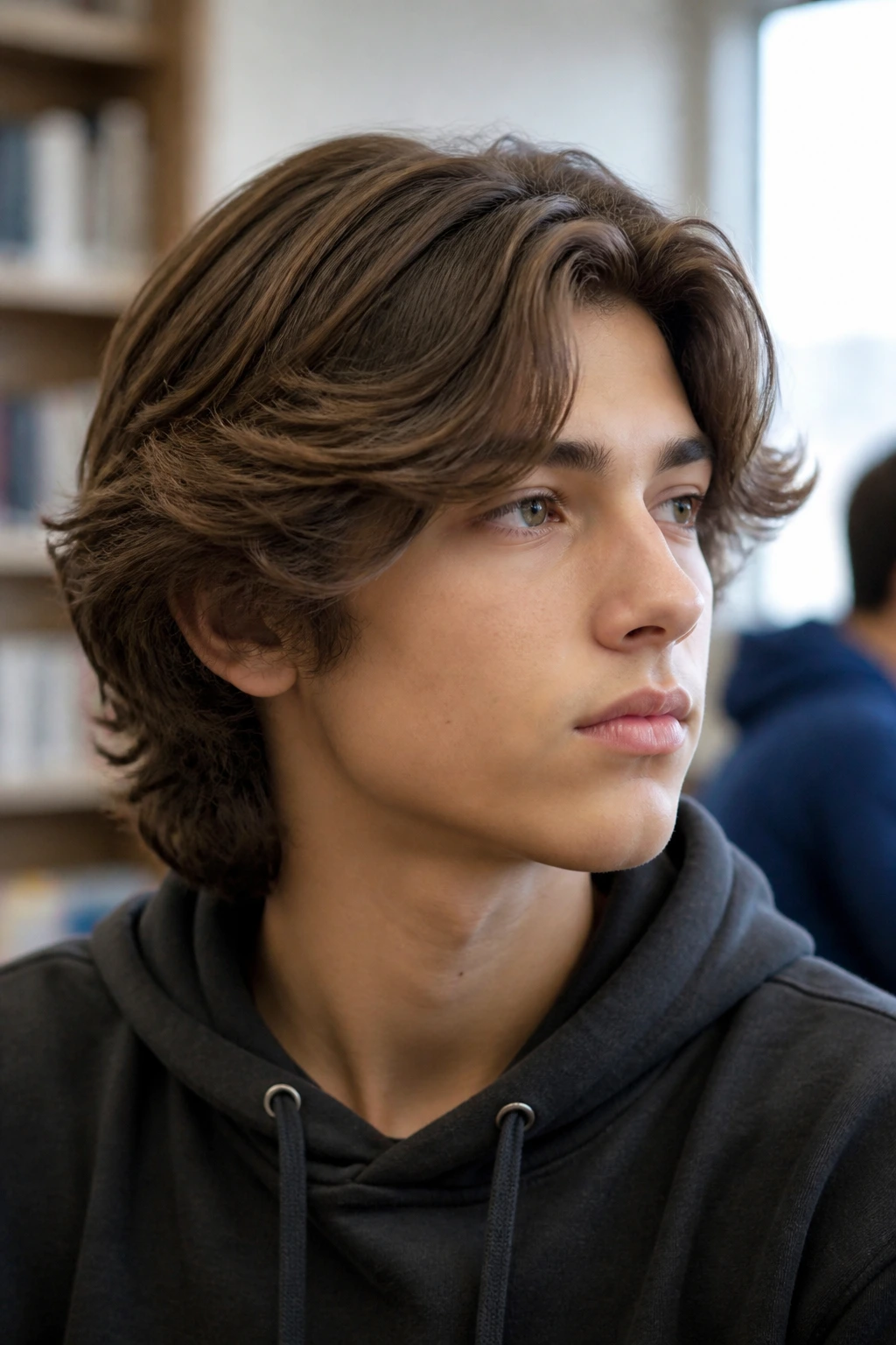 Portrait of a real boy with long waves and underlayer control hairstyle