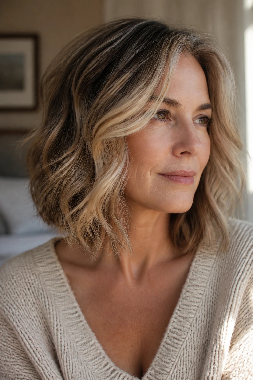 Close-up portrait of a real woman with a shoulder-length long wavy bob in warm natural light