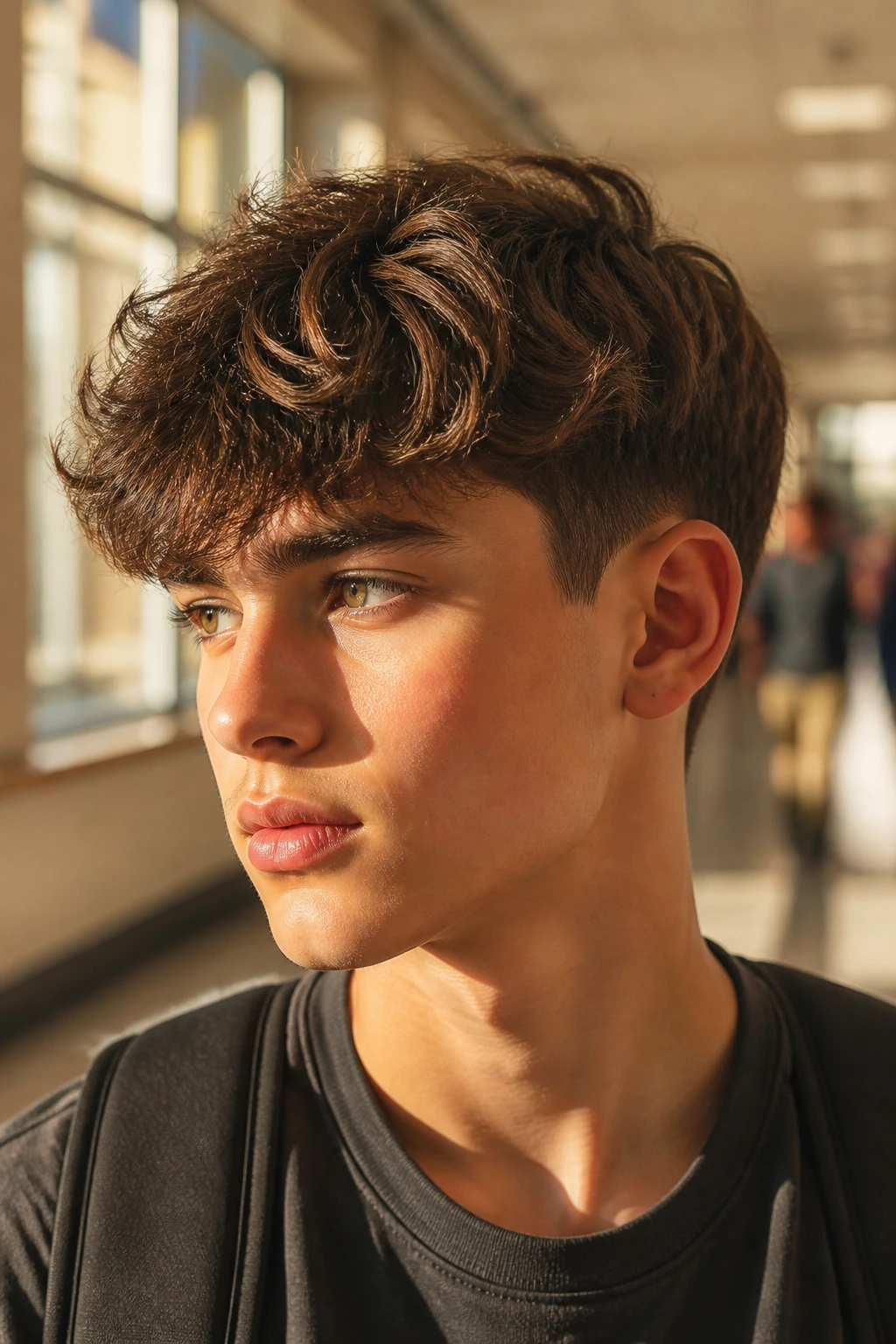 Portrait of a real boy with long wavy crop and low taper