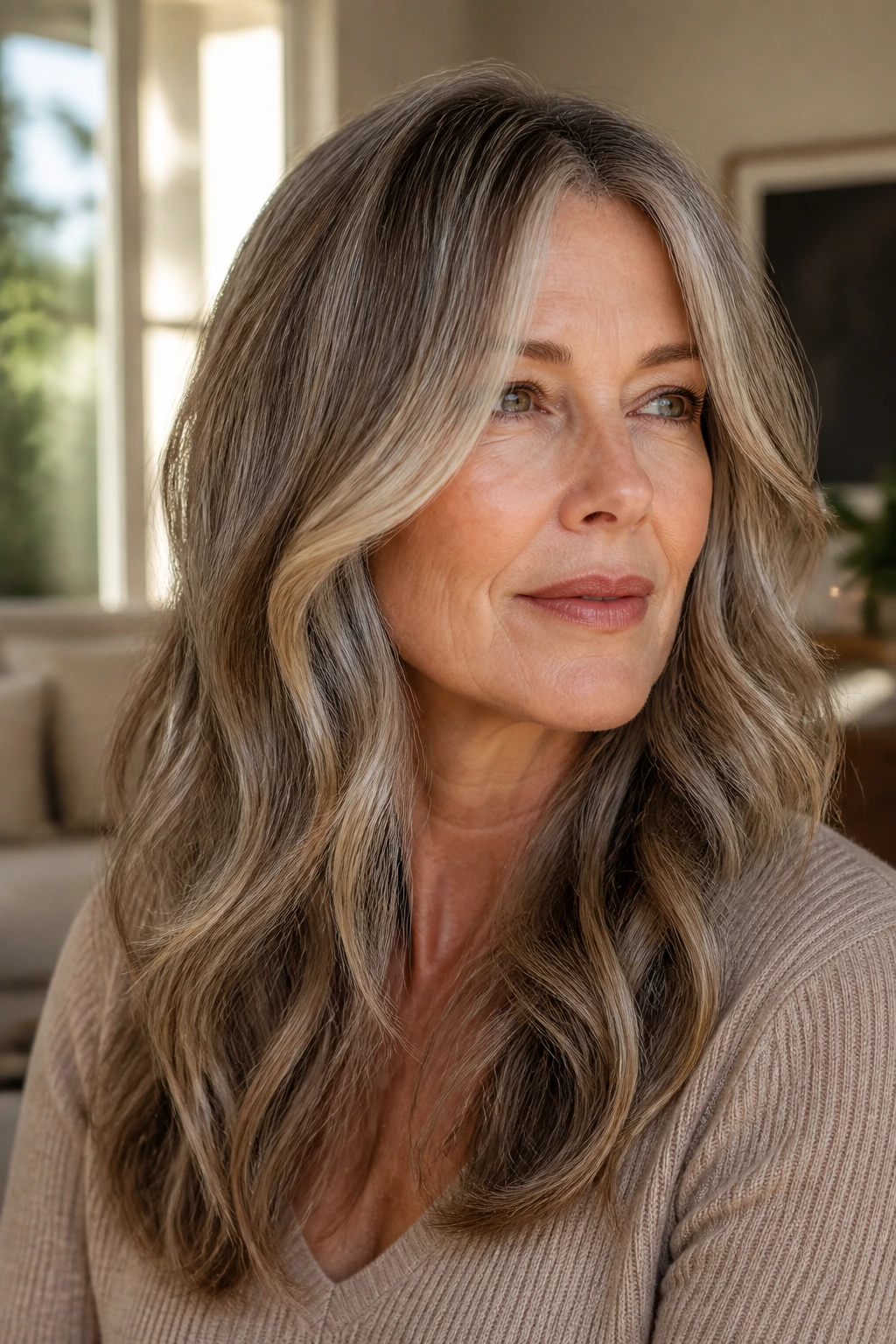 Close-up portrait of real woman with long wavy layers and subtle face frame
