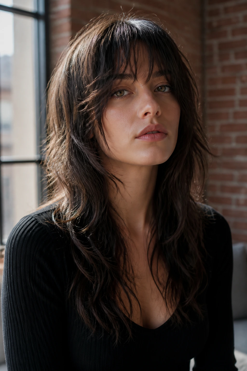 Portrait of a real person with a long wolf cut and airy fringe