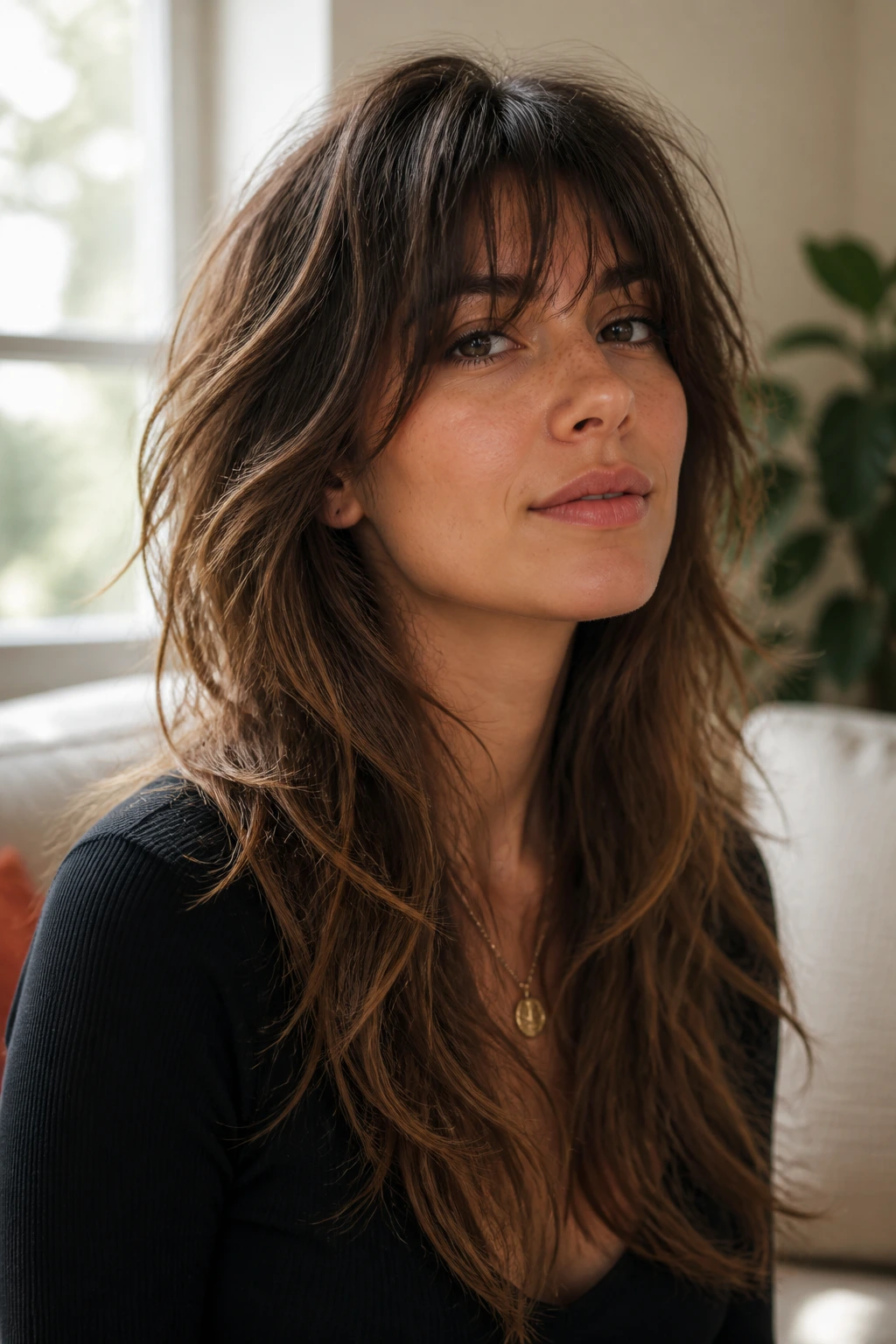 Close-up portrait of a real person with long wolf cut and airy fringe in warm living room light