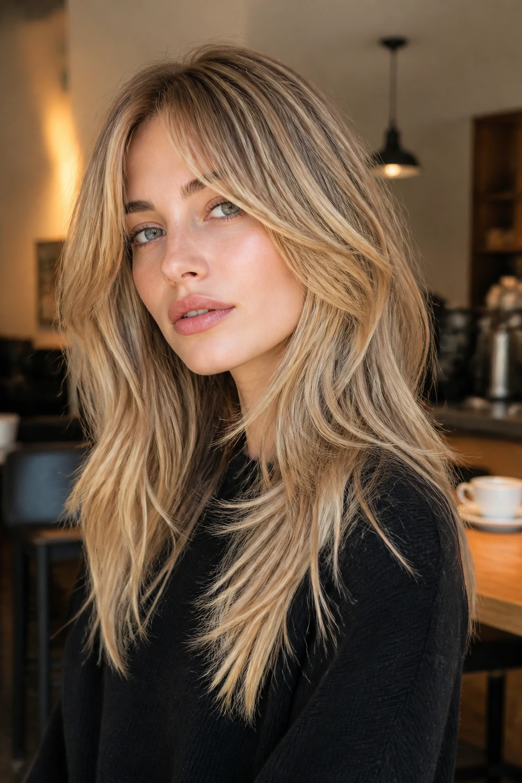 Close-up of a real woman with long wolf cut and soft balayage