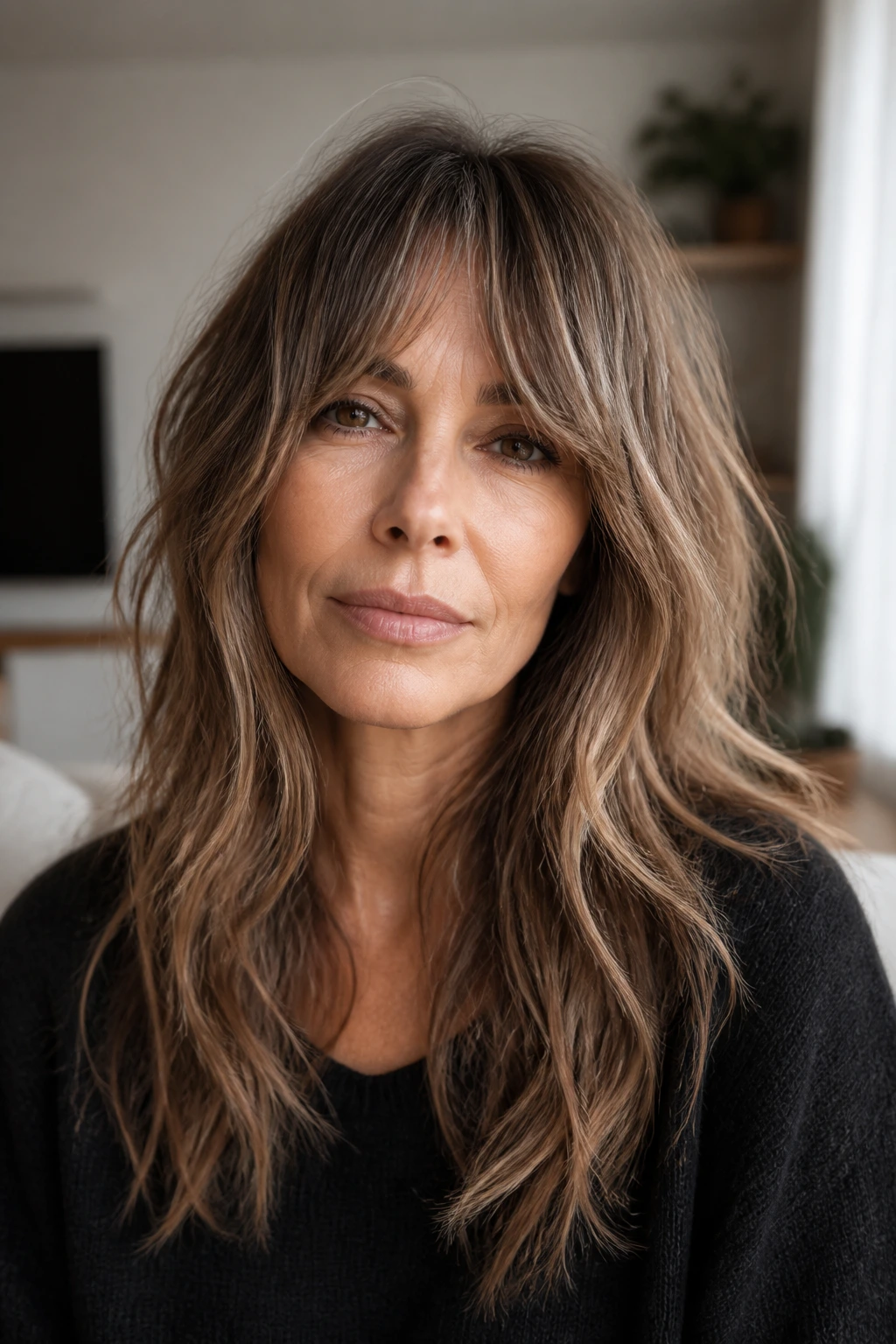 Woman with long wolf cut and grown-out fringe.