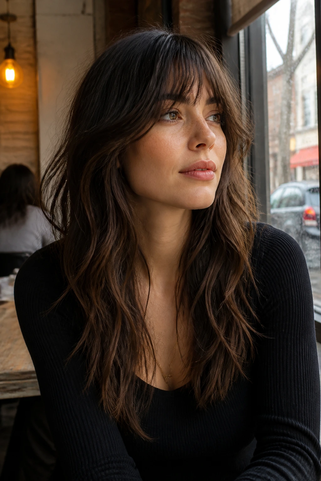 Close-up portrait of a woman with long wolf cut and soft fringe in cafe window light