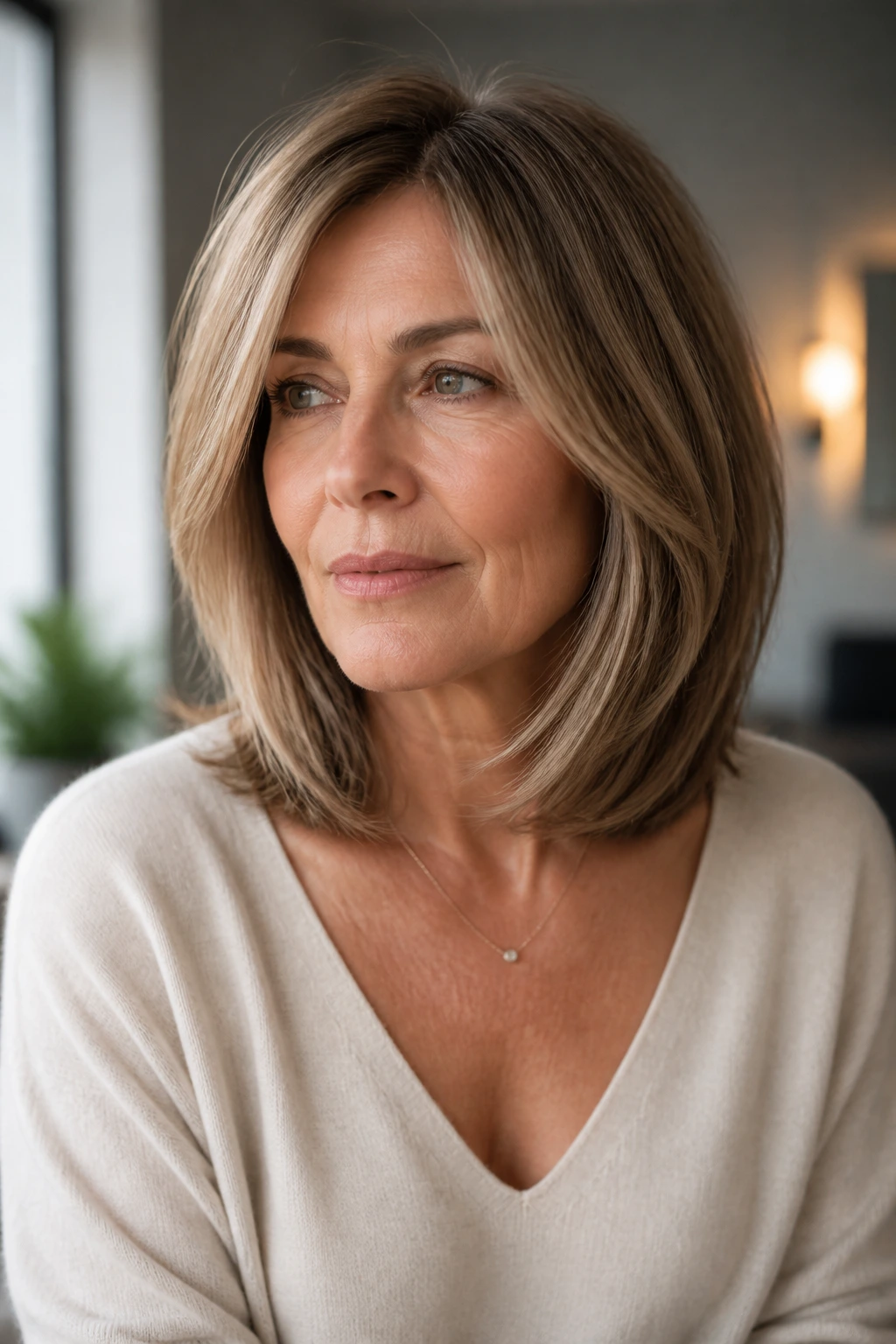 Portrait of a woman with a long bob with face-framing layers indoors