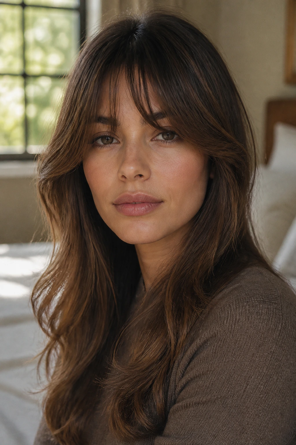 Close-up portrait of a real woman with longer bangs framing the forehead in warm light