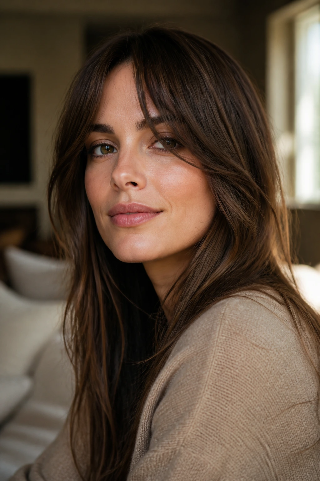 Close-up of a real woman with longer bangs framing the face in warm window light