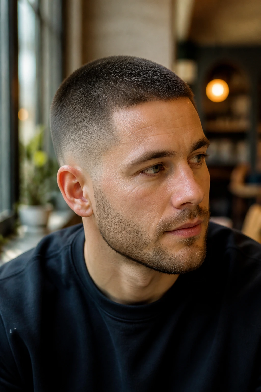 Close-up portrait with longer top #4 buzz cut and tapered sides