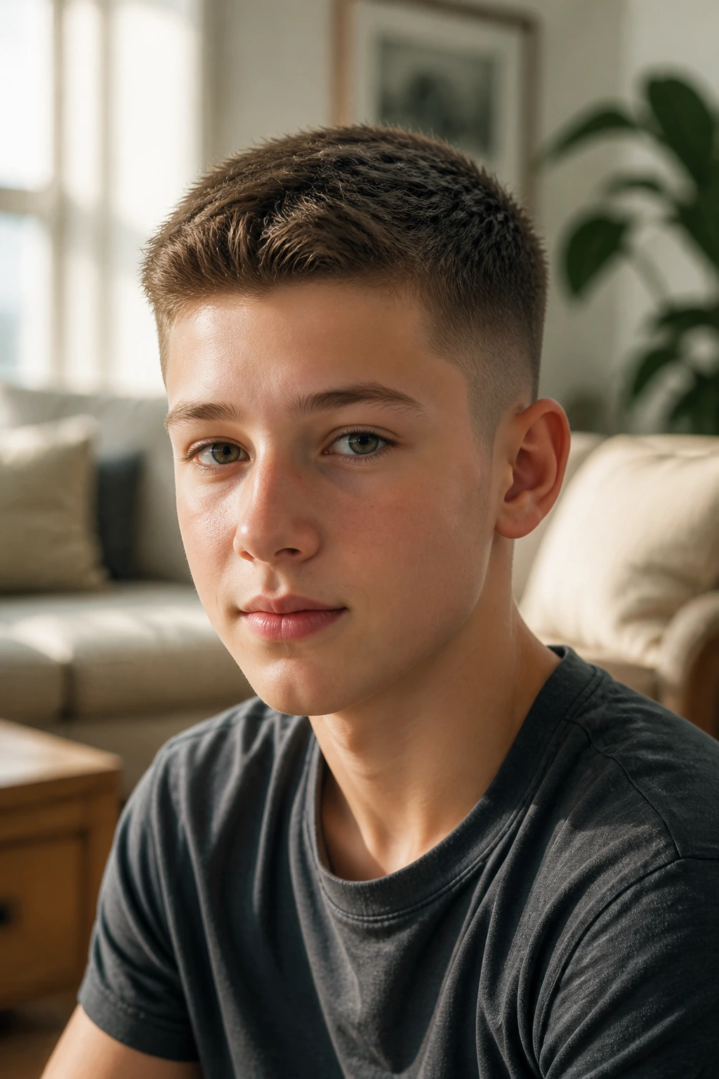 Portrait of a boy with a longer crew cut showing lifted top