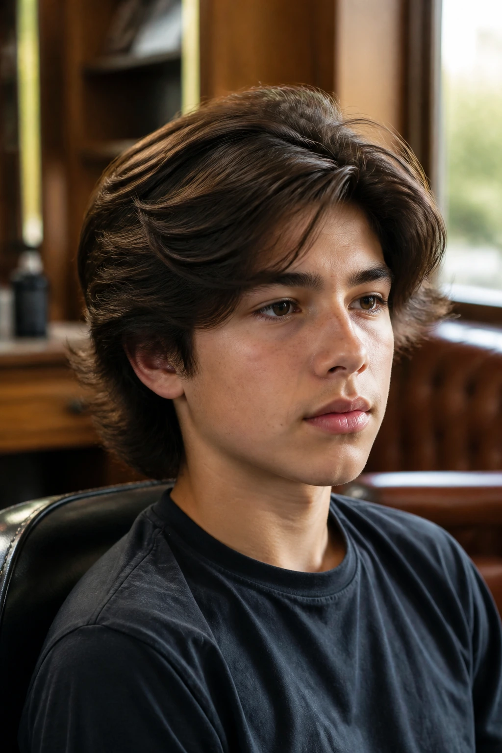 Close-up of a real boy with a long layered top for thick hair in a barber chair
