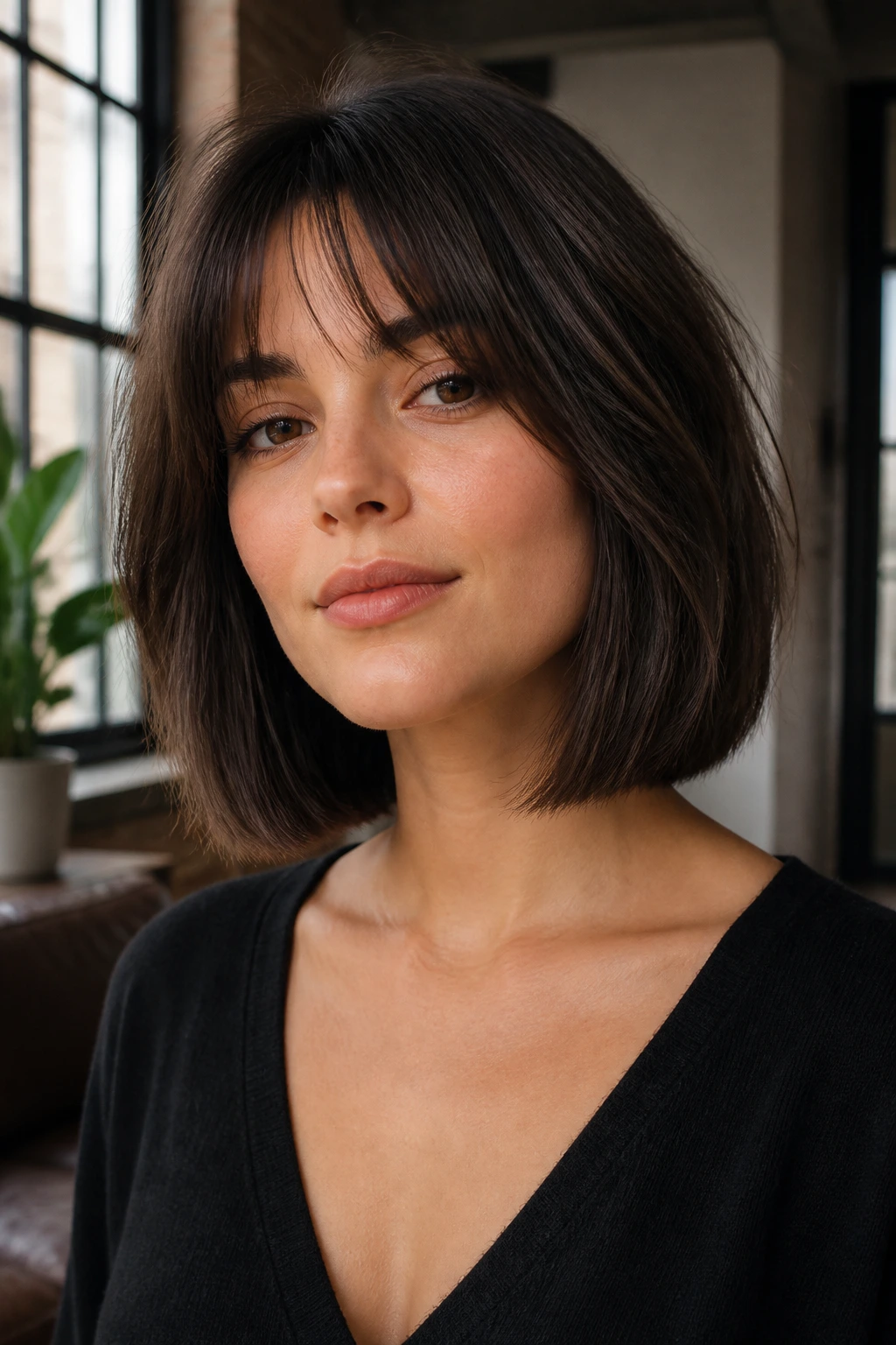 Close up portrait of a real woman with longer French bob