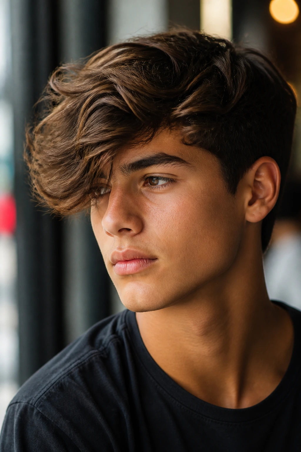 Close-up portrait of a boy with a longer fringe side sweep and wavy hair