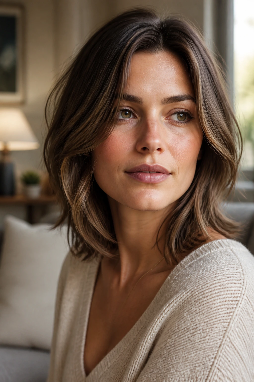 Close-up portrait of a real woman with longer hair framing a square jaw in warm window light.
