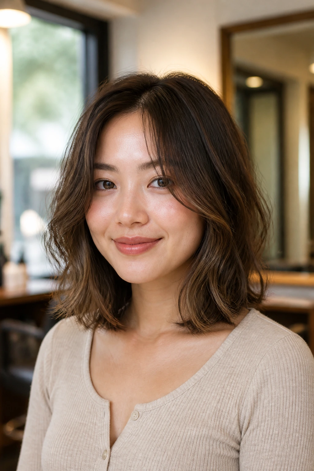 Portrait of a real woman with a collarbone-length lob framing the face