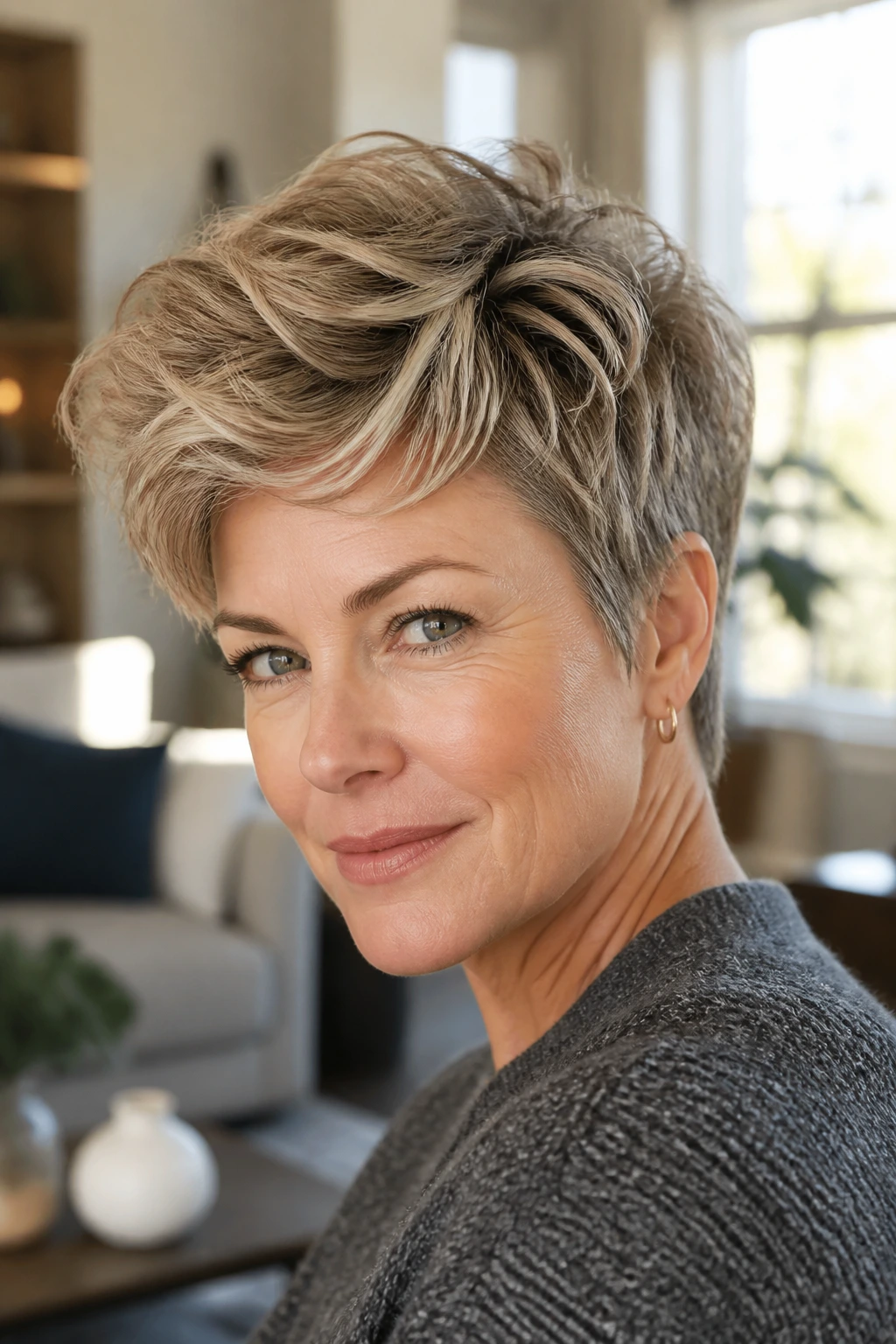 Portrait of a woman with a longer pixie cut keeping the crown full