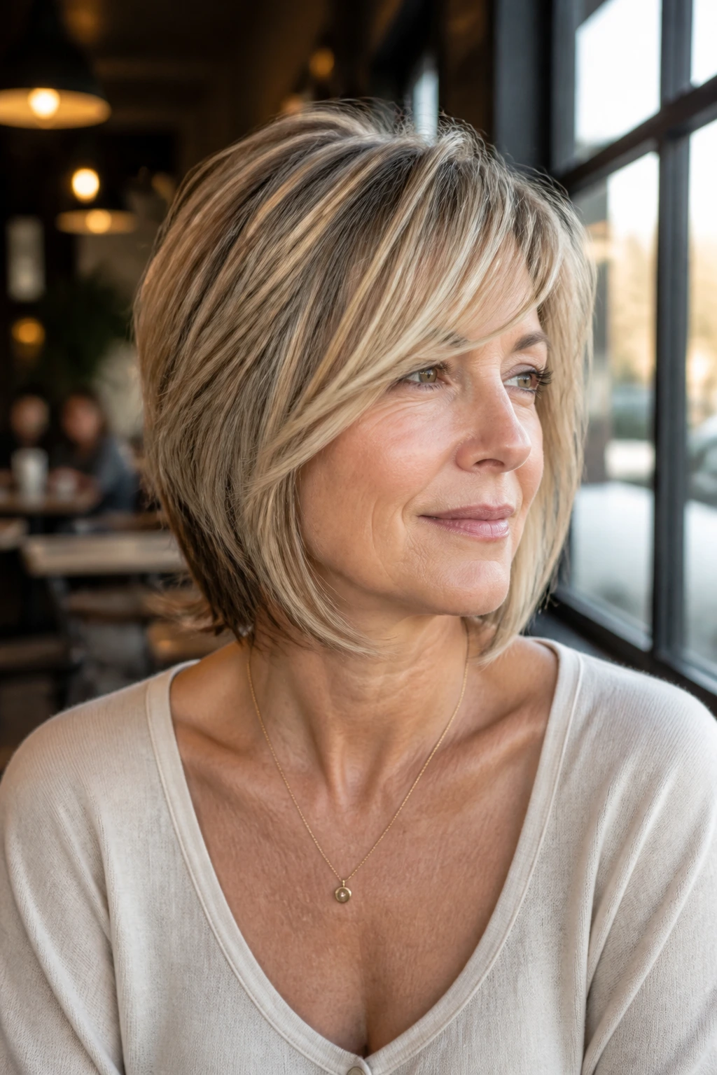 Close-up of a real woman with a longer wedge and side-swept fringe framing the face