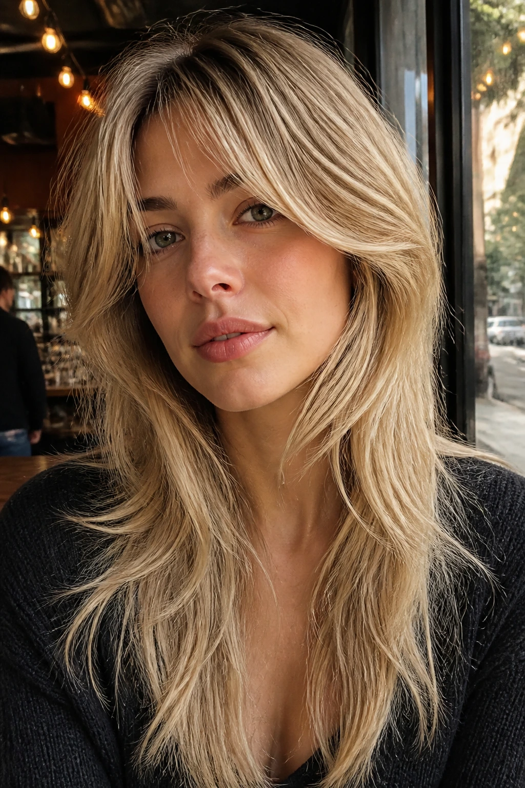 Portrait of a real woman with long shag and curved cheekbone layers