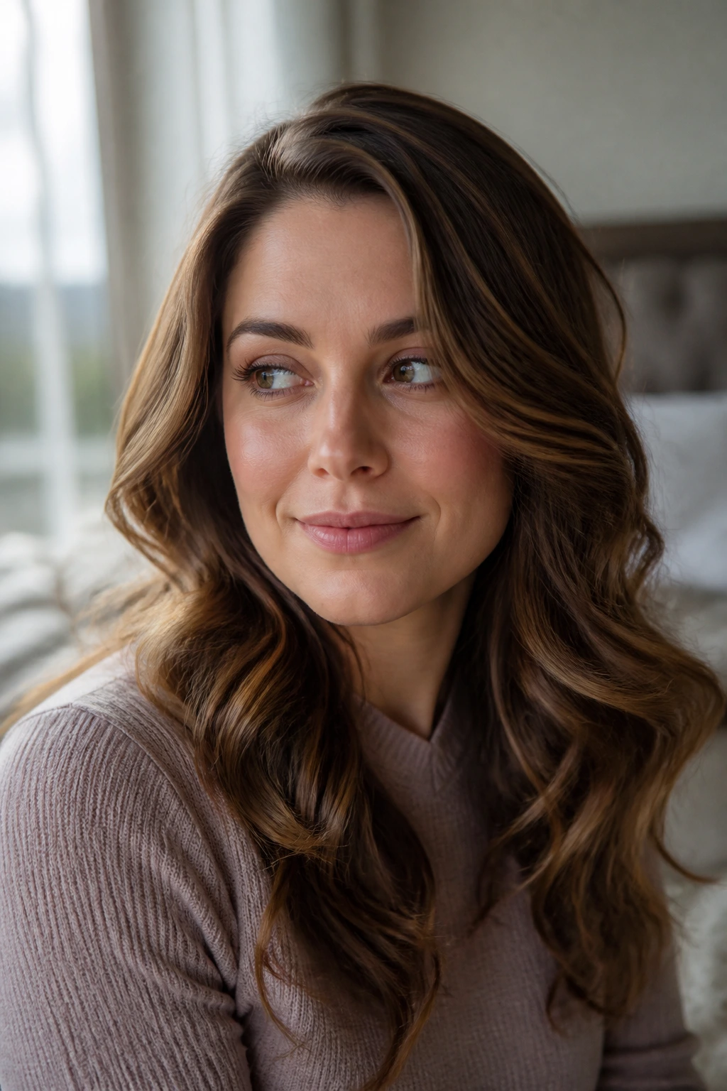 Close-up portrait of a woman with a longwear side-part wave in natural window light