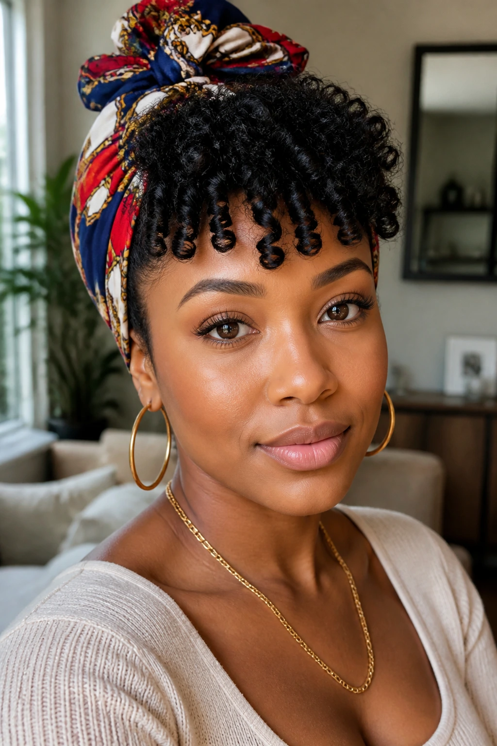 Close-up of a real woman wearing a scarf to create a new look without starting over