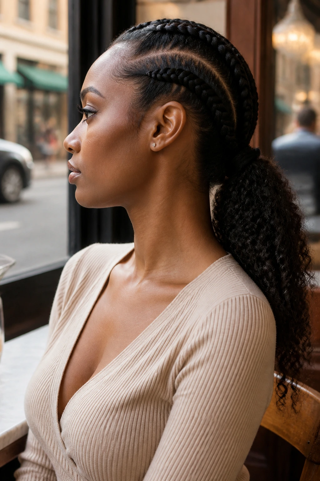 Side-part shifted Dutch braid on a real woman