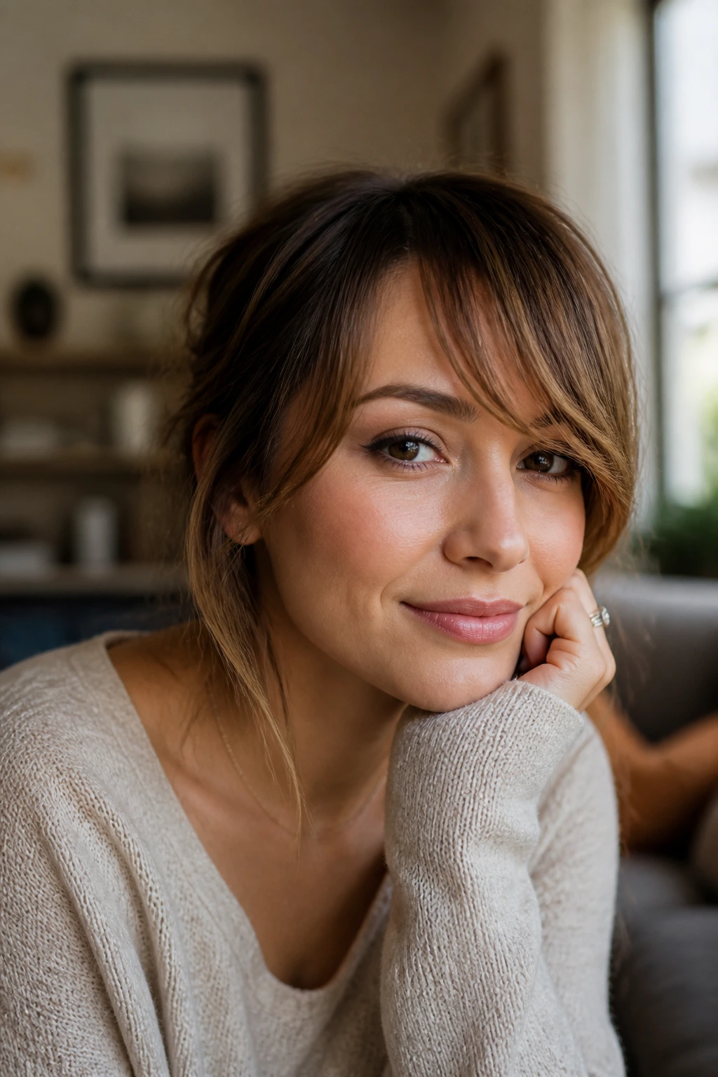Close-up of a woman with a side-swept fringe showing change without a cut