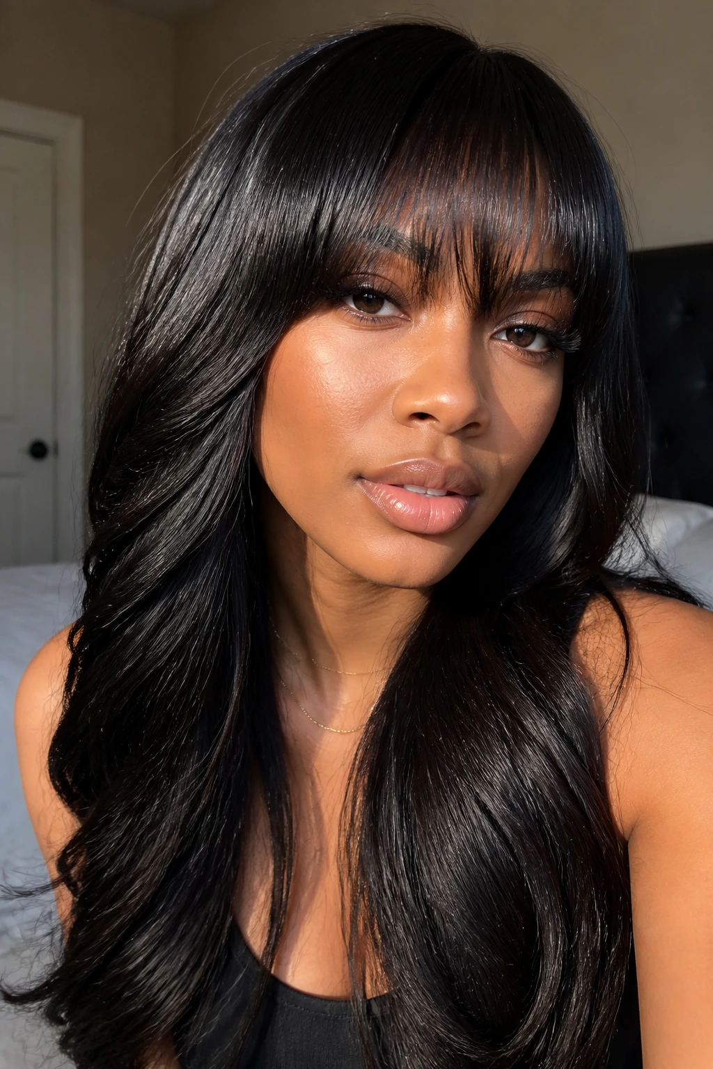 Close-up portrait of a real woman with a full closure sew-in with bangs in warm indoor light