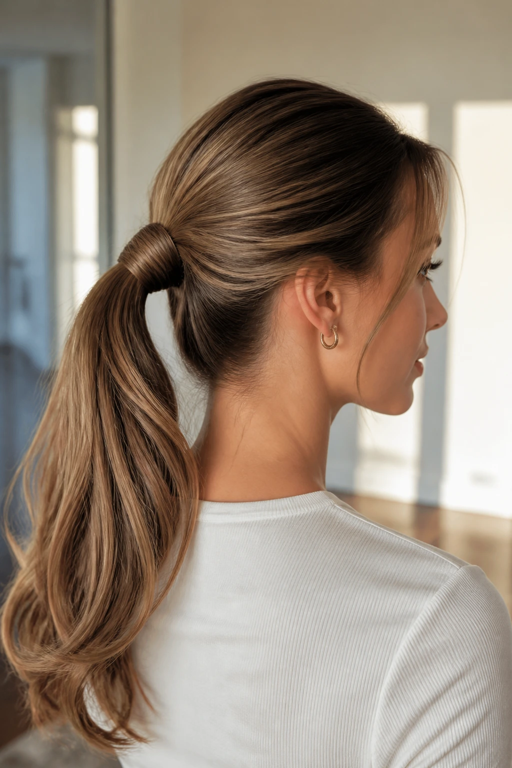 Close-up of a real woman with a loop-through ponytail hairstyle
