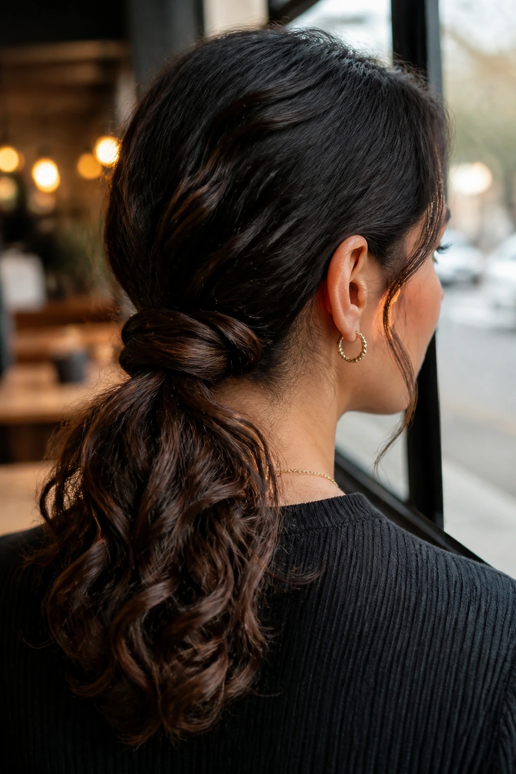 Real woman showing loop-through low ponytail with soft roll at the nape.