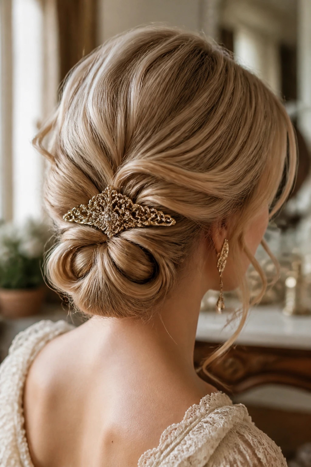 Close-up of a real woman with looped chignon at the nape and decorative comb