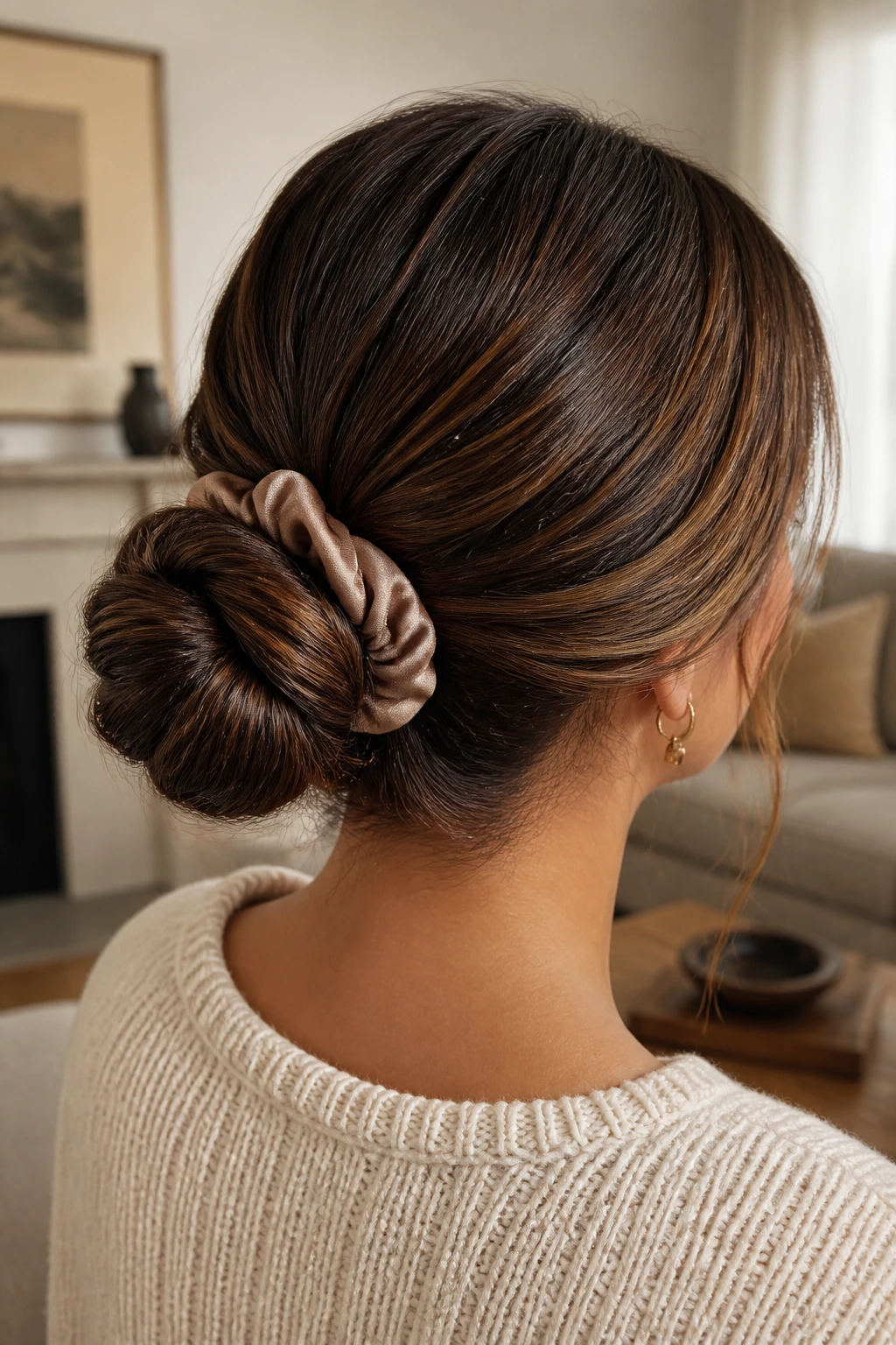 Close-up portrait of a woman with a looped low bun secured by a scrunchie