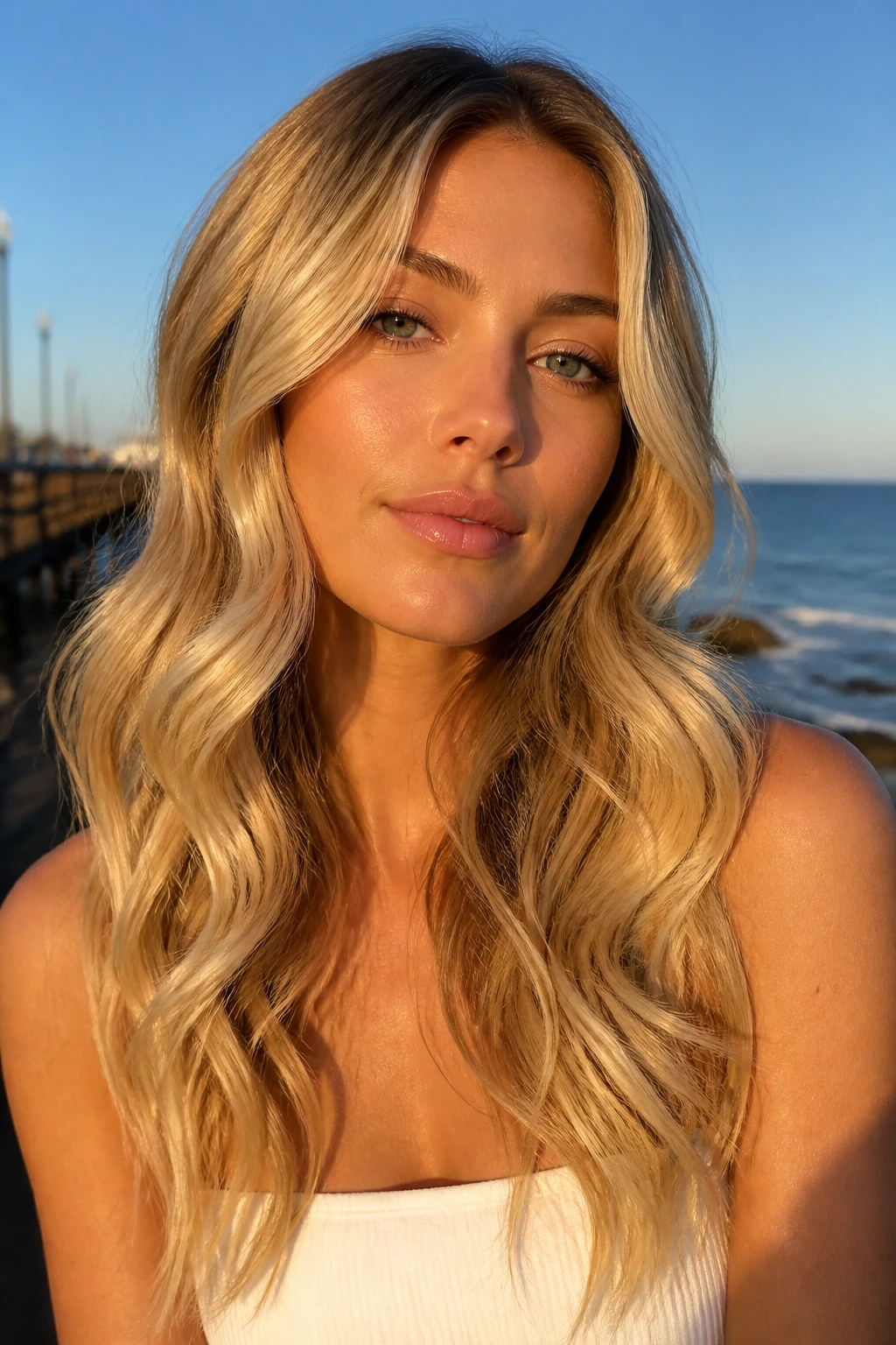 Close-up of a real woman with long blonde hair in loose barrel waves