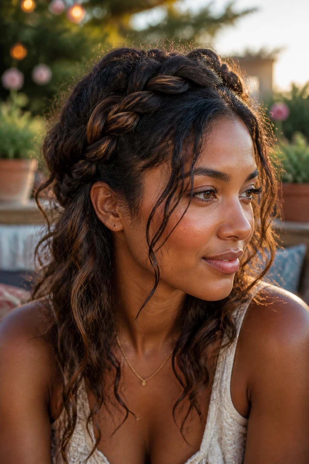 Close-up portrait of a real woman with a loose boho crown