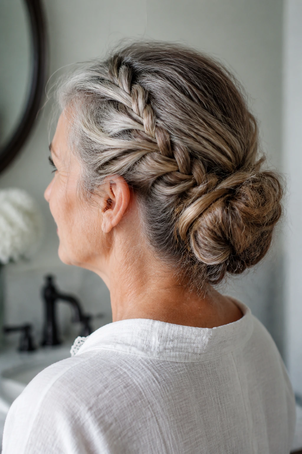 Close-up of a real woman with a loose back braid forming a bun, shown in a bathroom