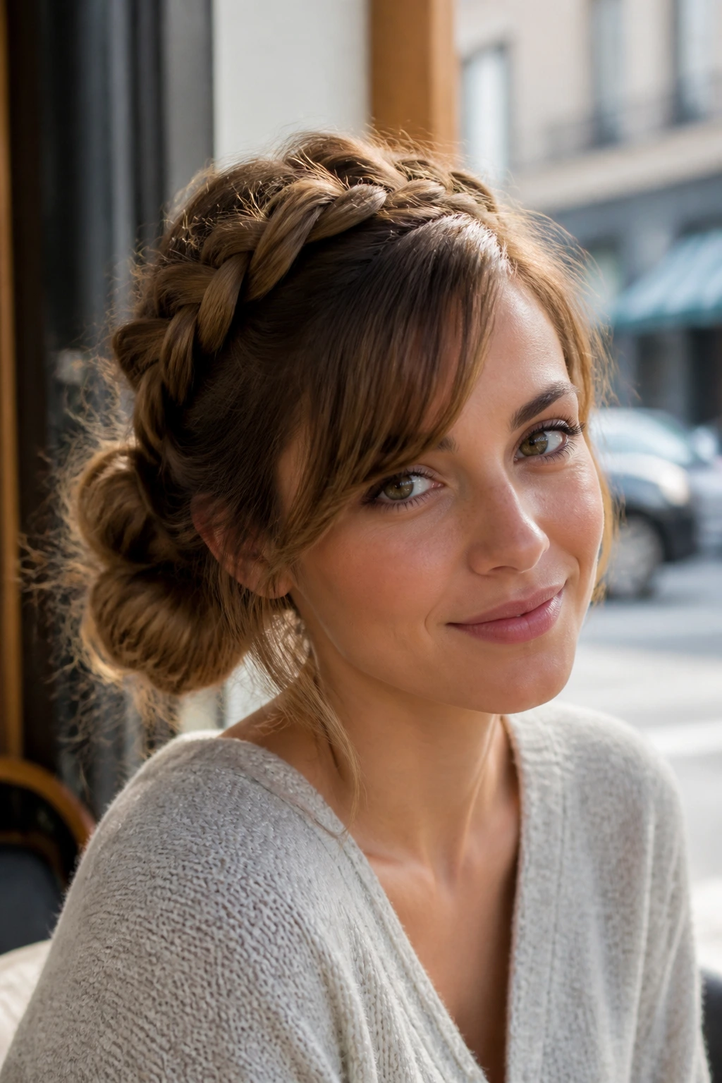 Close-up of a woman with a loose French braid bun at the crown and a soft bun at the nape, bangs swept to the side.