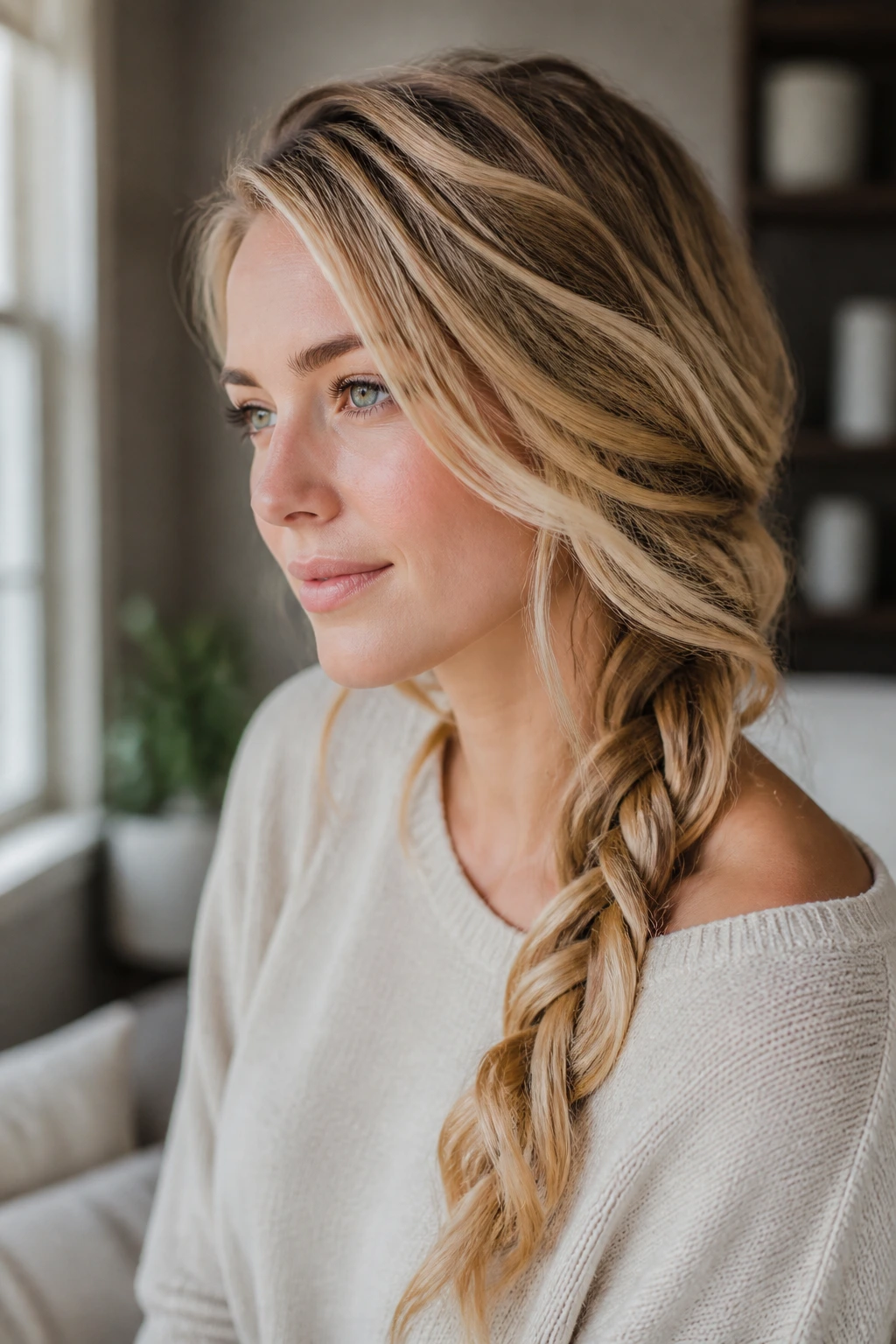 Close-up of a real woman's loose side braid with gold ribbons catching light