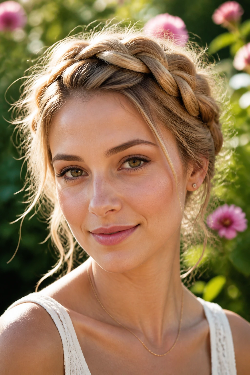 Close-up of a real woman wearing a loose braided crown in a sunlit garden
